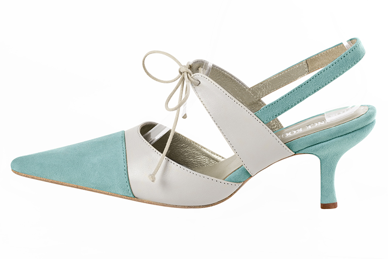 Aquamarine blue and pure white women's open back shoes, with an instep strap. Pointed toe. High slim heel. Profile view - Florence KOOIJMAN